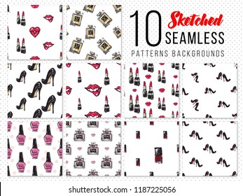 Fashion kit of 10 seamless patterns. Hand drawn sketch elements, digital fashion illustration. Set of backgrounds for fashion magazine, blog, ads or promo banner.
