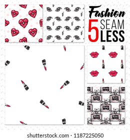 Fashion kit of 5 seamless patterns. Hand drawn sketch elements, digital fashion illustration. Set of backgrounds for fashion magazine, blog, ads or promo banner.
