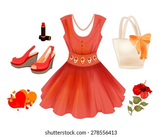 Fashion kit for girls. Dress, handbag, flower, lipstick and sandals.