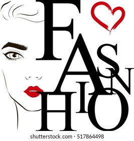 Fashion label with the face of fashionable young woman with red lipstick on her lips. Fashion Vector illustration. Love for fashion, red heart.