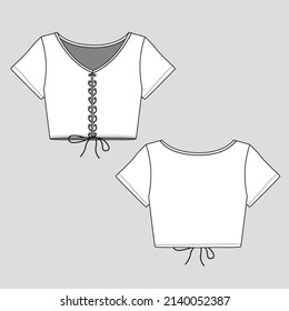 fashion lace up crop top v neck front lace up  t shirt blouse fashion tee womens  flat sketch drawing template design vector