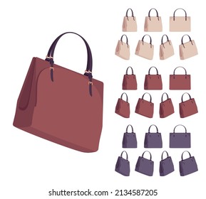 Fashion ladies hand bag bundle, female handbag elegant accessory collection. Beautiful classic leather purse. Vector flat style cartoon set isolated on white background, different views and colors
