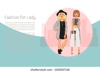 Fashion for ladies vector illustration. Cartoon character yound ladies in classic fashion cloths, hats, shoes, with bag. Trendy fashionable collection poster or web banner.