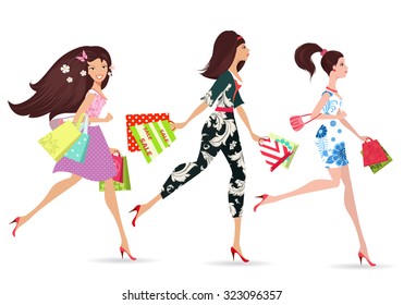 Fashion Ladies Walking With Shopping 