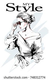 Fashion Lady. Beautiful Young Woman Portrait. Fashion Woman In Sunglasses. Stylish Girl. Sketch. Vector Illustration.