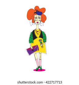 fashion lady with a dog. hand drawn vector character illustration