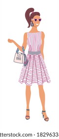 Fashion lady. Glamorous fashion lady character wearing beautiful striped dress, high-heels shoe holding handbag on white background. Isolated vector trendy stylish model character illustration