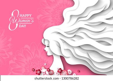 Fashion lady with paper cut long hair and flowers on pink background. Vector Illustration. 8 March, International Womens Day.