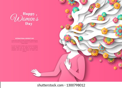 Fashion lady with paper cut long hair and flowers on pink background. Vector Illustration. 8 March, International Womens Day.