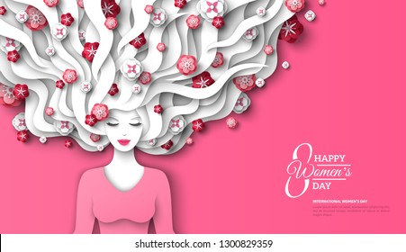 Fashion lady with paper cut long hair and flowers on pink background. Vector Illustration. 8 March, International Womens Day flyer template.