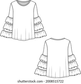 Fashion Layered Ruffle sleeve Crew neck  t-shirt top blouse flat sketch technical drawing design vector