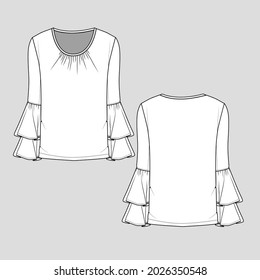 Fashion layered Ruffles hem long sleeve Crew neck gathering t shirt top Blouse Flat sketch technical drawing vector design