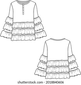 Fashion Layered Ruffles Henley  top blouse flat sketch technical drawing design vector