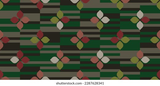 Fashion leaves geometric seamless pattern on striped background. Design for accessories Hijab, kerchief, bandana, fabric, shawl and wallpaper.