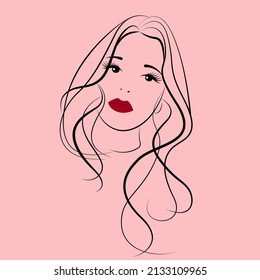 Fashion and leisure. In the contours of the face of a certain young pretty woman. Thin linear vector illustration on a pink background.