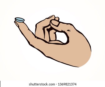 Fashion lense healthcare sign draw. Soft eyewear on pupil arm on white background. Line black drawn eyecare aid clinic logo pictogram emblem sketch in modern cartoon style on space for text. Close up