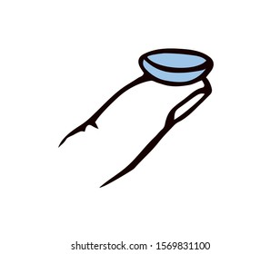 Fashion lense healthcare sign draw. Soft eyewear on pupil arm on white background. Line black drawn eyecare aid clinic logo pictogram emblem sketch in modern cartoon style on space for text. Close up
