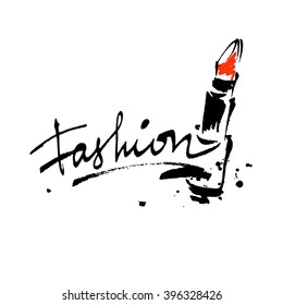 Fashion lettering logo with lipstick. Brush stroke vector sketch cosmetic quote. 