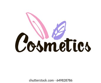 Fashion lettering logo with stylized flowers and leaves. Brush stroke. Vector sketch cosmetic quote.