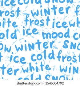 fashion lettering words seamless pattern for christmas and new year wrapping paper, decorations, banners, backgrounds, winter mood with abstract  frosty tracks, editable vector illustration