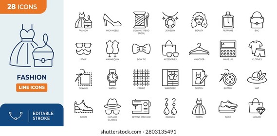 Fashion line editable icon set. Containing fashion, accessory, beauty, tailor, dress, clothes, shoes and more. Editable stroke. Vector illustration