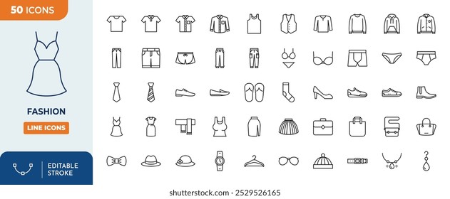 Fashion Line Editable Icons set. Fashion icons Pixel perfect. T-shirt, shirt, dress, shoe, tie, underware, etc
