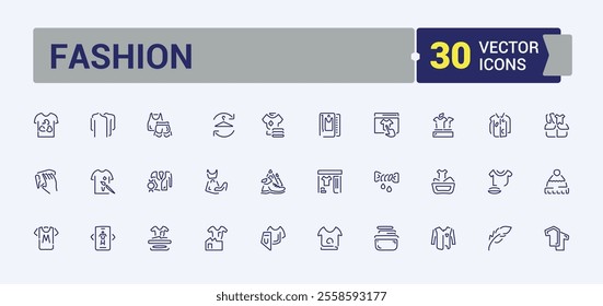 Fashion line icon collections. Containing leather, tshirt, Clothes, beauty, woman, sneakers, fashion, cloth and more. Outline icon collections. Vector illustration.