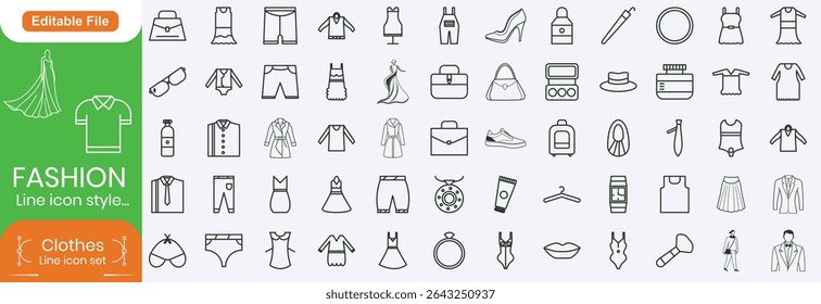 Fashion Line icon set and Clothes line icons set. Sweatshirt, hoody, pullover, bathsuit, jacket, evening dress, cardigan, trousers visualization vector illustration. Outline signs of fashion apparel.