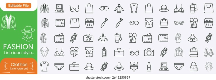 Fashion Line icon set and Clothes line icons set. Sweatshirt, hoody, pullover, bathsuit, jacket, evening dress, cardigan, trousers visualization vector illustration. Outline signs of fashion apparel.