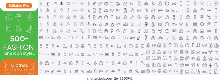 Fashion Line icon set and Clothes line icons set. Sweatshirt, hoody, pullover, bathsuit, jacket, evening dress, cardigan, trousers visualization vector illustration. Outline signs of fashion apparel.