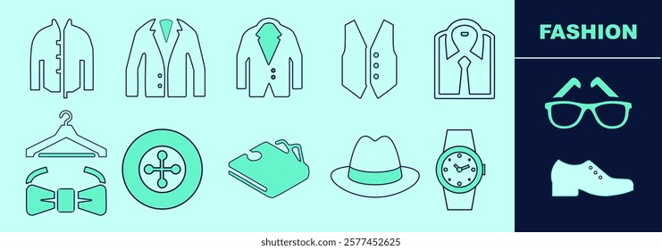 Fashion LINE icon set. Clothing and accessories, pullover, blazer, suit jacket, shirt, vest, bowtie, hanger, button, wallet, hat, watch, glasses, suit shoes. Editable elements, size and color.