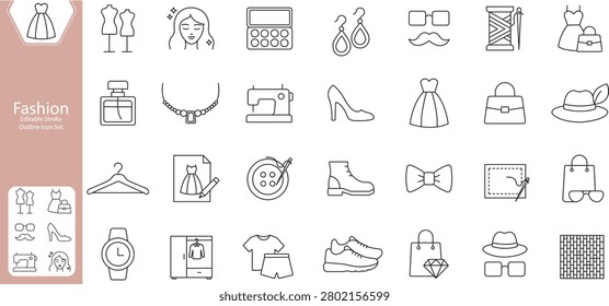 Fashion line icon set editable stroke. fashion, accessory, beauty, tailor, dress, clothes, shoes.