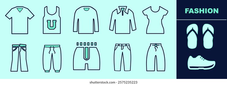 Fashion LINE icon set for logo and digital work. Fashion silhouettes of clothing, t-shirt, trousers, shorts, jeans, long sleeved, sweatshirt, tank-top, flip-flops. Editable elements, size and color.