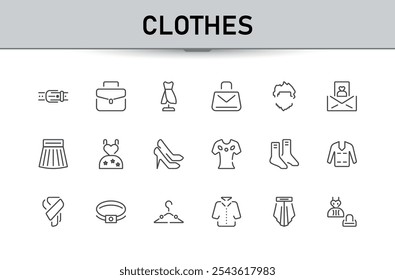 Fashion line icons. Included minimal icon as clothing, jacket, winter coat, sweatshirt, dress, shirt, jeans, hanger and more for cloth store. Editable stroke.