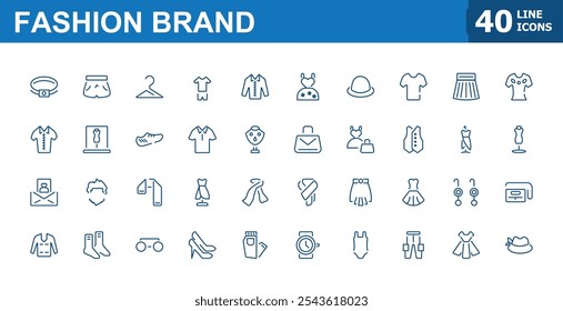 Fashion line icons. Included minimal icon as clothing, jacket, winter coat, sweatshirt, dress, shirt, jeans, hanger and more for cloth store. Editable stroke.
