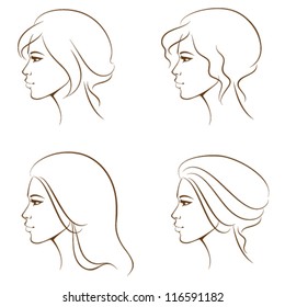 fashion line illustrations of a beautiful woman face from profile, with various hair styles. Beauty or hair salon logo design. Vector eps file.