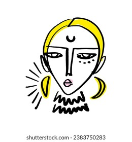 Fashion line minimalistic brush grunge abstract face. Vector illustration. Modern contemporary art, trendy boho esoteric bimbo girl drawing. Simple minimal beauty concept. Isolated graphics on