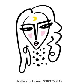 Fashion line minimalistic brush grunge abstract face. Vector illustration. Modern contemporary art, trendy boho esoteric bimbo girl drawing. Simple minimal beauty concept. Isolated graphics on