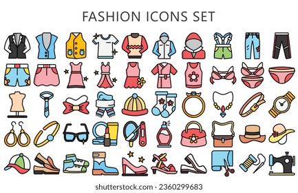 Fashion lineal multi color icons pack. contain dress, shirt, clothing, kimono accessories and more. use for modern concept, UI or UX kit, web and app development. vector EPS 10 ready convert to SVG.