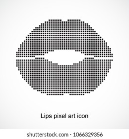 Fashion lips icon vector. Pixel art lips symbol,logo.Lined, ruled mouth black silhouette. Dotted pop art illustration.