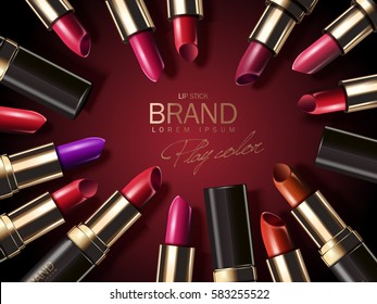 Fashion lipstick ads, colorful lipsticks arranged in a circle isolated on scarlet background in 3d illustration, trendy cosmetic design for advertisement