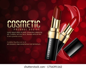 Fashion lipstick ads, liquid texture flowing down on lipsticks isolated on scarlet background in 3d illustration, trendy cosmetic design for advertisement