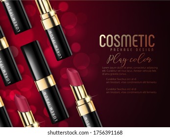 Fashion lipstick ads, liquid texture flowing down on lipsticks isolated on scarlet background in 3d illustration, trendy cosmetic design for advertisement