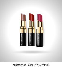 Fashion lipstick ads, liquid texture flowing down on lipsticks isolated on scarlet background in 3d illustration, trendy cosmetic design for advertisement