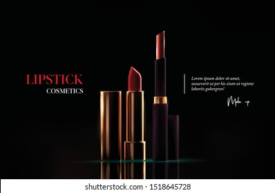 Fashion lipstick cosmetic template for ads, flyer or banner. Realistic 3d golden red lipstick on black background. Makeup magazine template with stylish gold lipstick. Luxury cosmetic products brand.