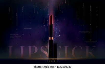 Fashion lipstick cosmetic template for ads, flyer or banner. Realistic 3d golden red lipstick on black background. Makeup magazine template with stylish gold lipstick. Luxury cosmetic products brand