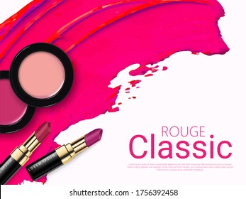 Fashion lipstick & Face Powder ads, liquid texture flowing down on lipsticks isolated on scarlet background in 3d illustration, trendy cosmetic design for advertisement