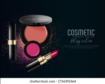 Fashion lipstick & Face Powder ads, liquid texture flowing down on lipsticks isolated on scarlet background in 3d illustration, trendy cosmetic design for advertisement