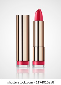 Fashion lipstick with golden package on white background, 3d illustration