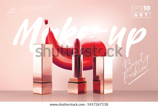 Fashion lipstick make-up banner. Beauty and\
cosmetics background. Realistic vector lipstick. Fashionable\
cosmetics Make up design background. Use for advertising flyer,\
banner, leaflet\
Template.